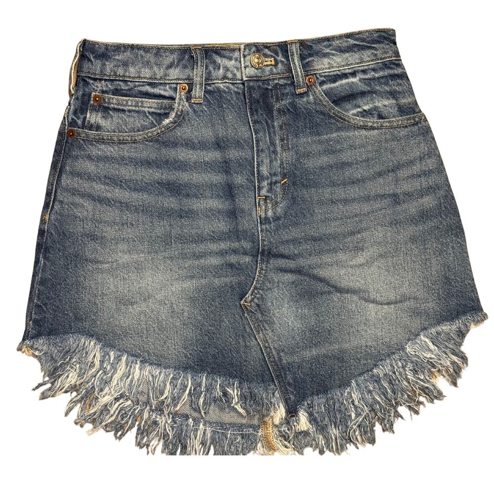 Free People We The Free Bailey Blue Denim Mini Skirt Sz 25 Frayed Hem